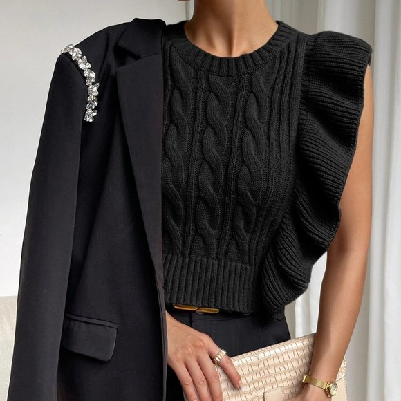 Black Preppy Womens Cable Knit Ruffle Trim Sweater Vest - Picture 4 of 5